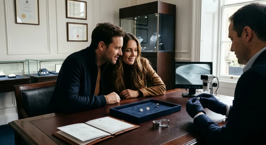 Jeweler presenting diamonds to a couple in a boutique studio — certificates, microscope and stones on the desk