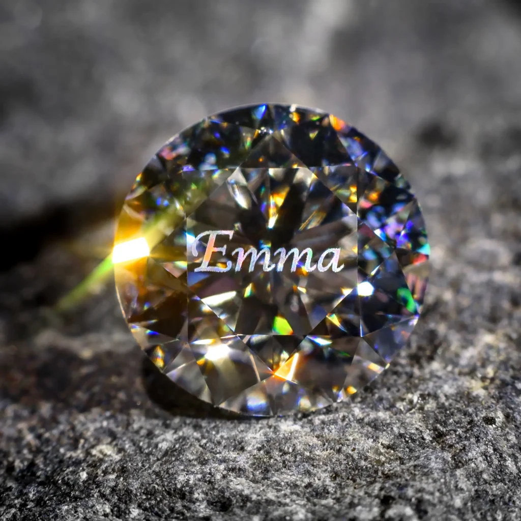 Round brilliant diamond with the name "Emma" personalized on the surface using Arteida femtosecond laser structuring