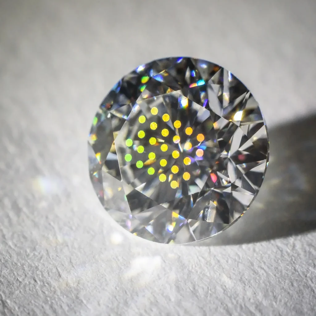 Diamond with optical pattern on the surface visible in natural light. Femtosecond precision structuring by Arteida