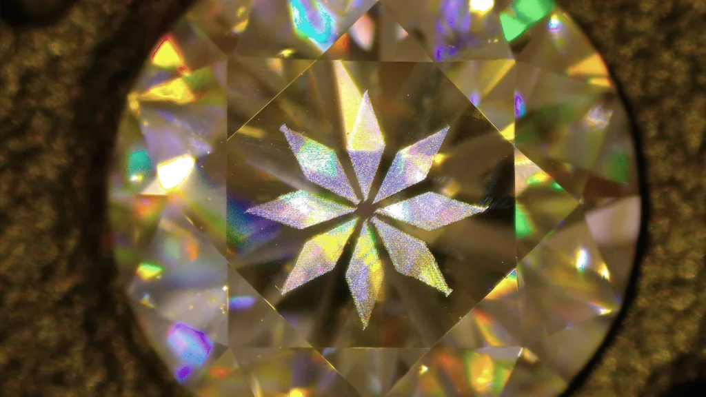 Macro view of a diamond surface with an iridescent floral pattern created by Arteida femtosecond laser structuring