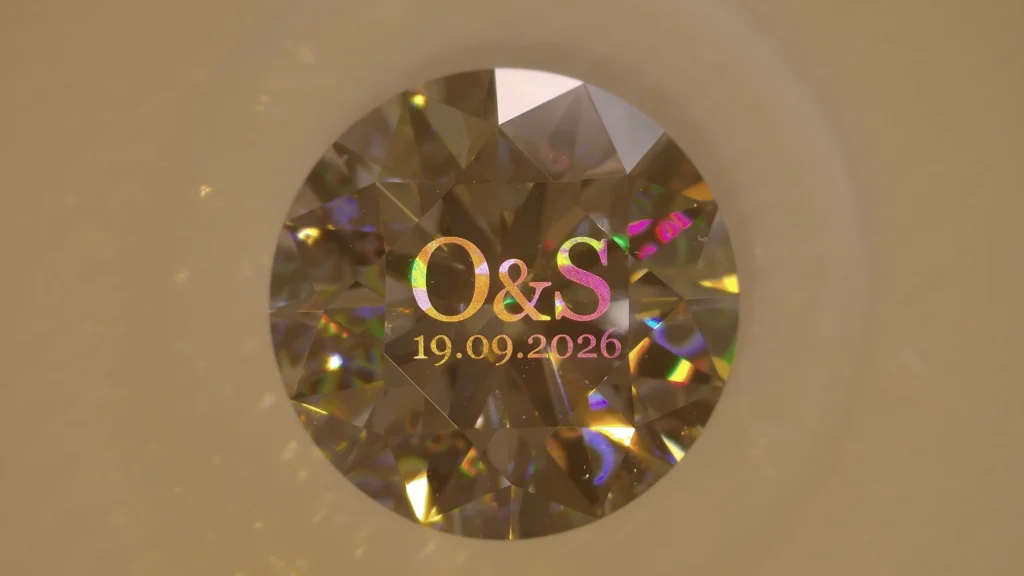 Top view of a diamond personalized with wedding initials "O&S" and date "19.09.2026" on the surface by Arteida femtosecond laser structuring