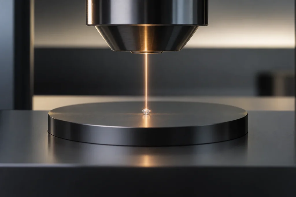 Femtosecond laser beam firing from a precision optical head with sparks visible in a dark industrial environment