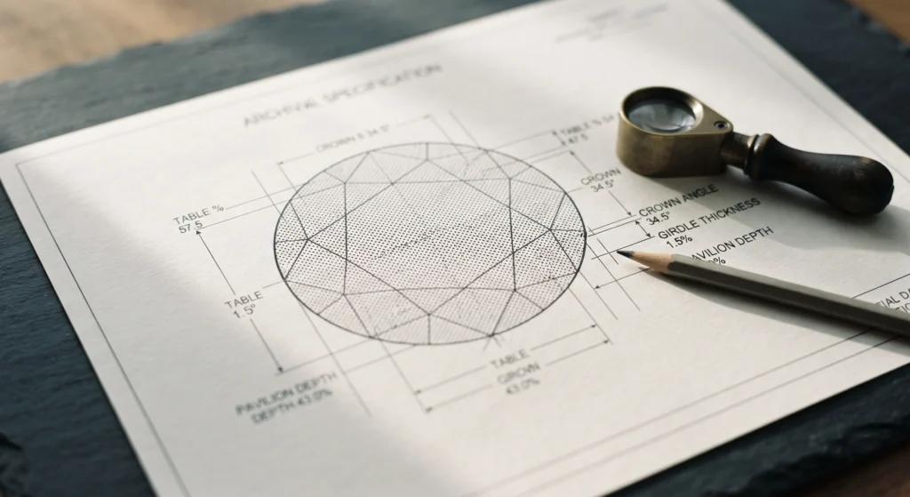 Technical drawing of a round brilliant diamond top view with precision measurements annotated, magnifying loupe and pencil on a slate background