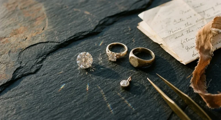 Flat lay of a loose diamond, gold rings, pendant and handwritten notes on slate — jewelry craft and personal story combined