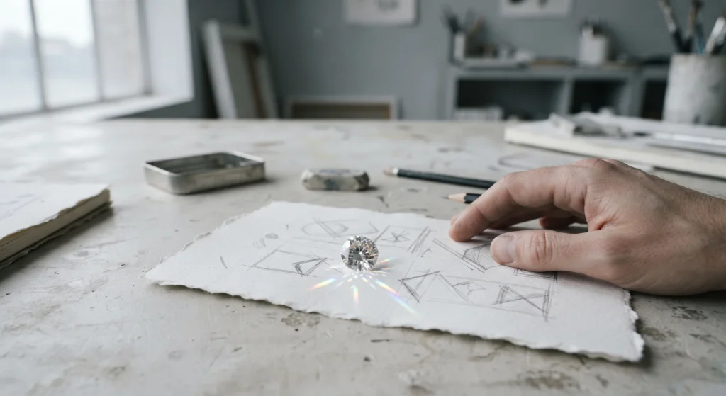 Loose diamond placed on jewelry design sketches. Designer's hand with pencil in a creative studio
