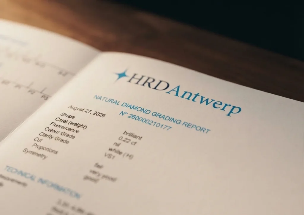 HRD Antwerp Natural Diamond Grading Report open to a certified brilliant diamond, 0.22 ct, Colour Grade White H, Clarity VS1