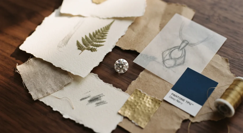 Designer mood board with a round brilliant diamond, botanical fern, fabric and metal swatches, color card and jewelry sketch on a wooden surface
