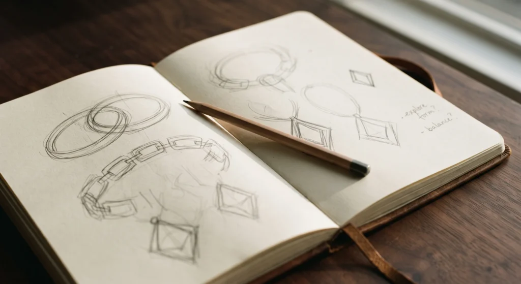 Open sketchbook with pencil jewelry design sketches on a wooden table, showing necklace and pendant concepts with handwritten notes