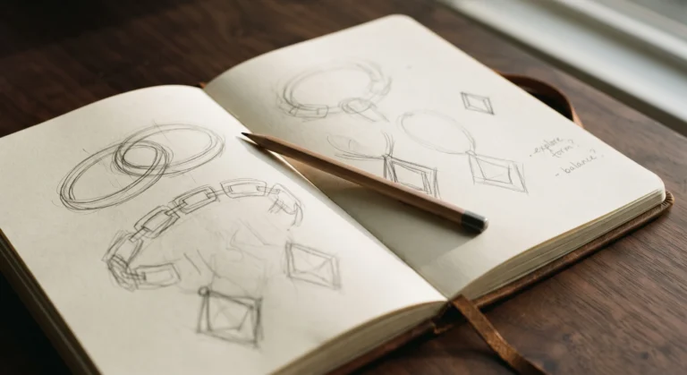 Open sketchbook with pencil jewelry design sketches on a wooden table, showing necklace and pendant concepts with handwritten notes