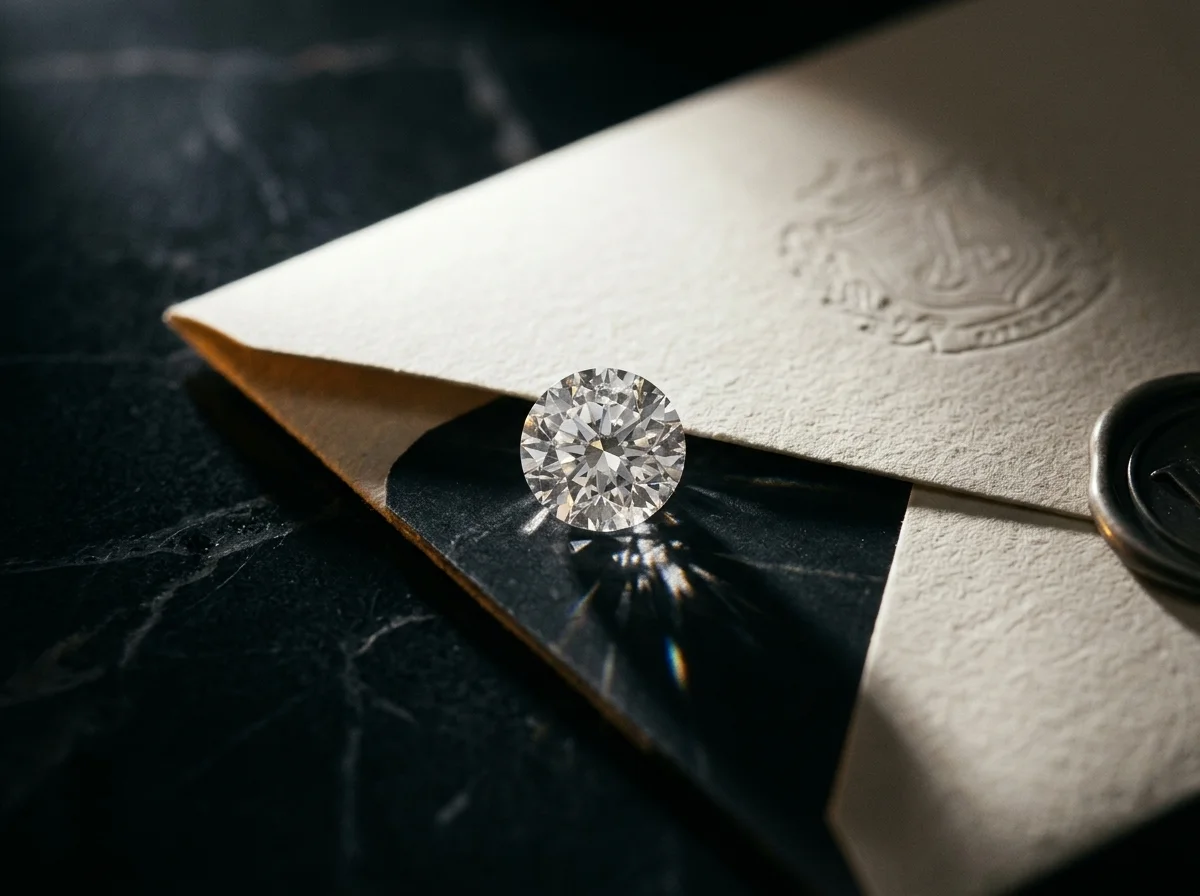 Loose round brilliant diamond resting on a cream envelope with embossed crest and wax seal on dark marble