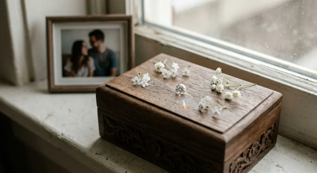Loose diamond on a carved wooden keepsake box with white flowers, a framed couple photo in the background on a windowsill