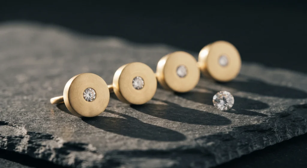 Three matte gold disc jewelry pieces with bezel-set diamonds arranged on dark slate next to a loose diamond