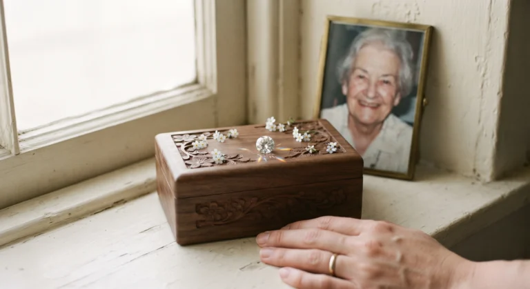 Diamond and small white flowers on a carved wooden box by a window, framed portrait of an elderly woman in the background