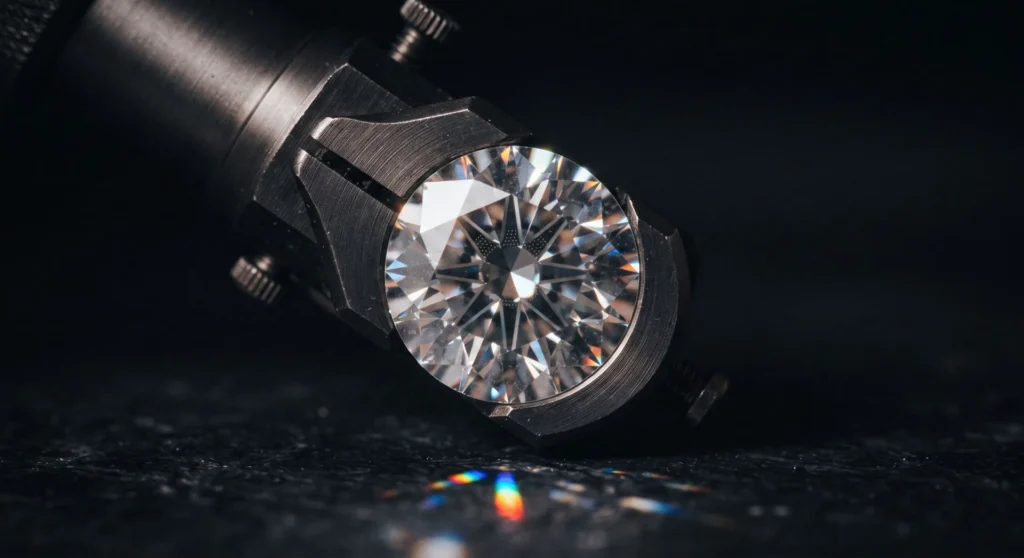 Round brilliant diamond held in precision tweezers against a dark background, with rainbow light dispersion on the surface below